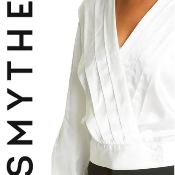 SMYTHE Pleated Wrap Front Long Sleeve Blouse, Size Medium - Ivory - Picture 3 of 6